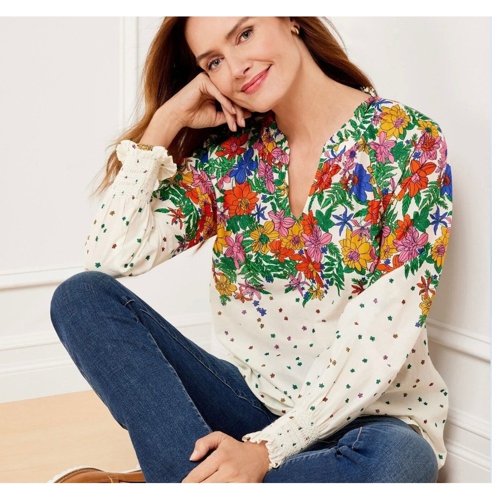 Talbots Blissful Floral Smocked Cuff Women's‎ XS White Long Sleeve Blouse Top